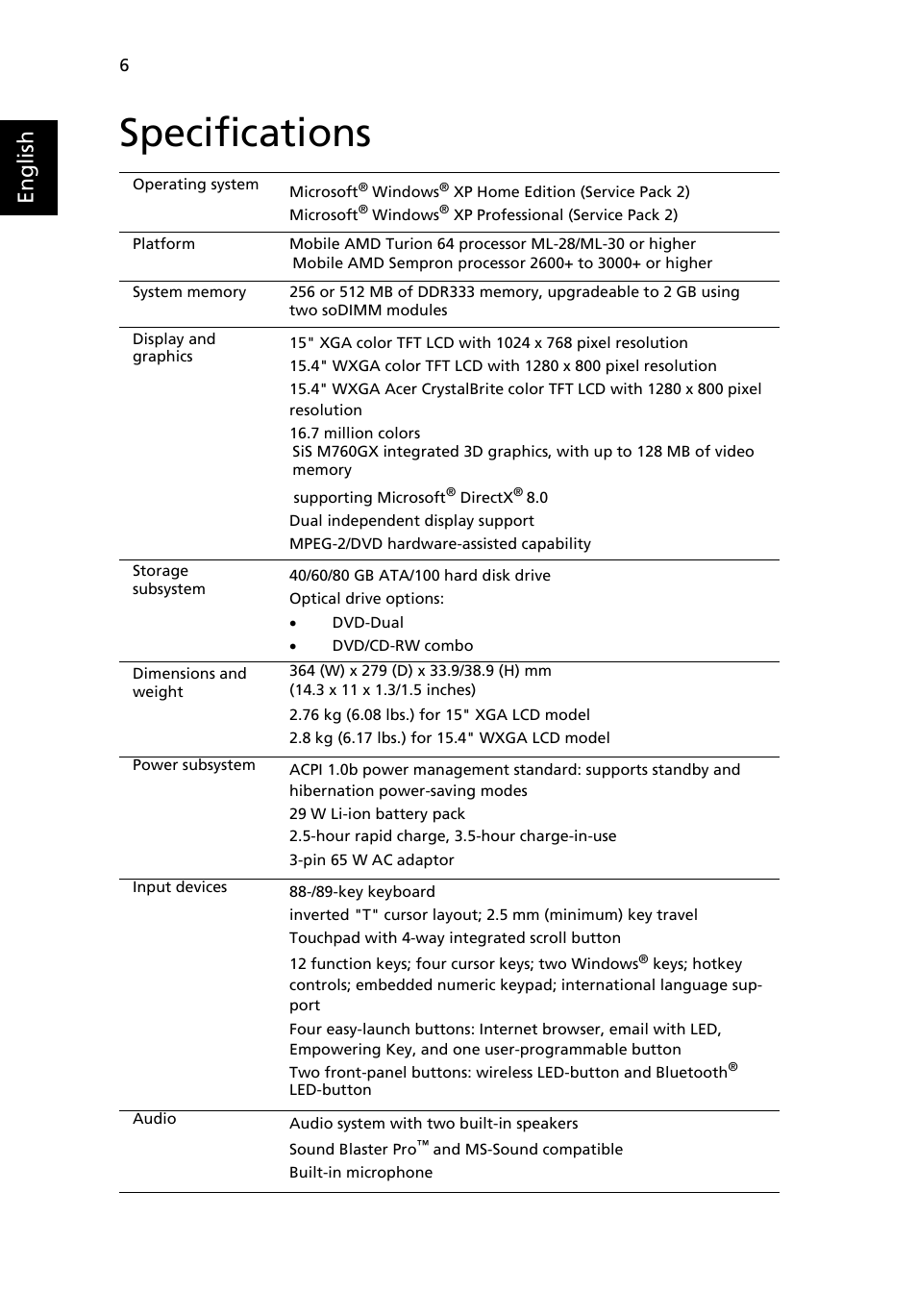 Specifications, English | Acer Aspire 3000 User Manual | Page 12 / 34