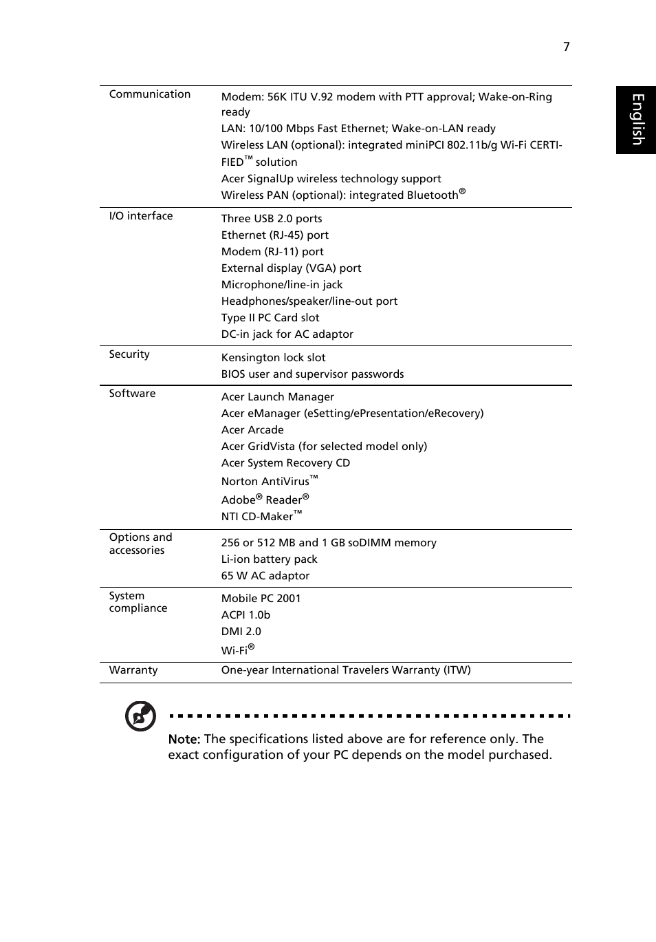 Eng lis h | Acer Aspire 3000 User Manual | Page 13 / 34