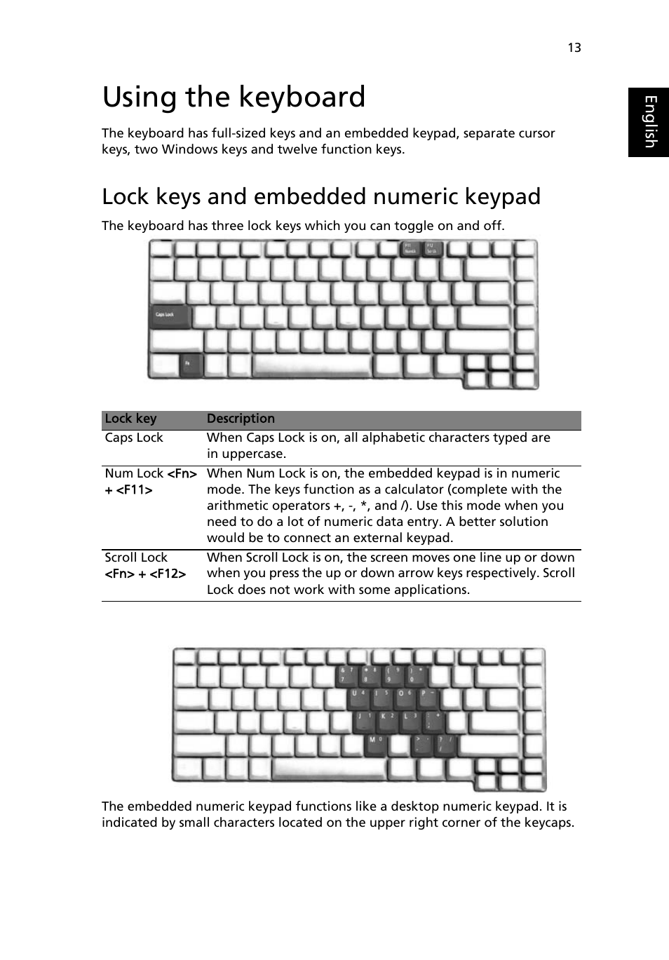 Using the keyboard, Lock keys and embedded numeric keypad | Acer Aspire 3000 User Manual | Page 19 / 34