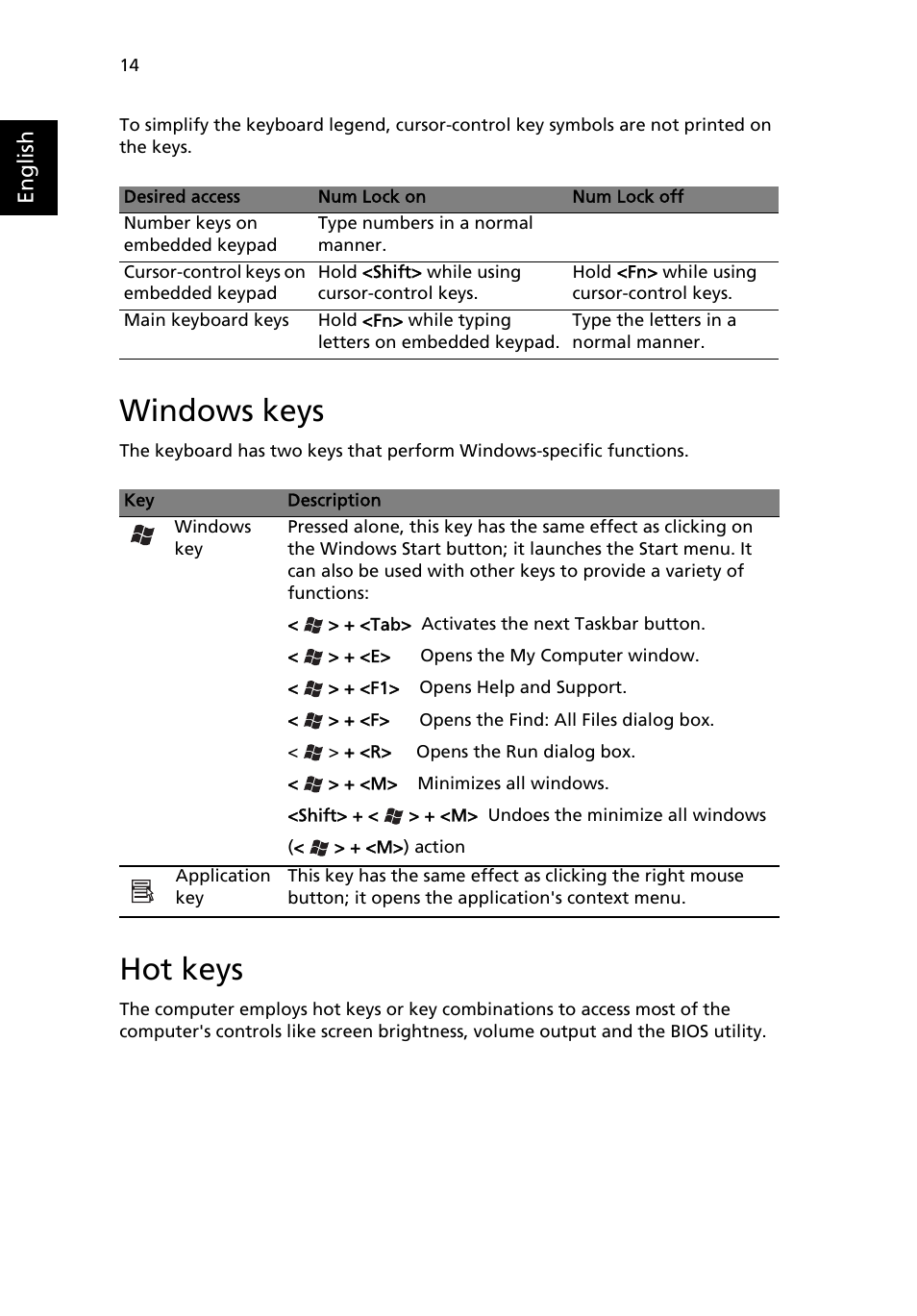 Windows keys, Hot keys | Acer Aspire 3000 User Manual | Page 20 / 34