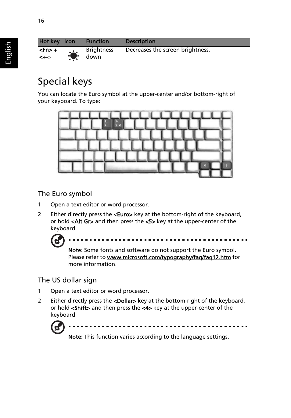 Special keys | Acer Aspire 3000 User Manual | Page 22 / 34