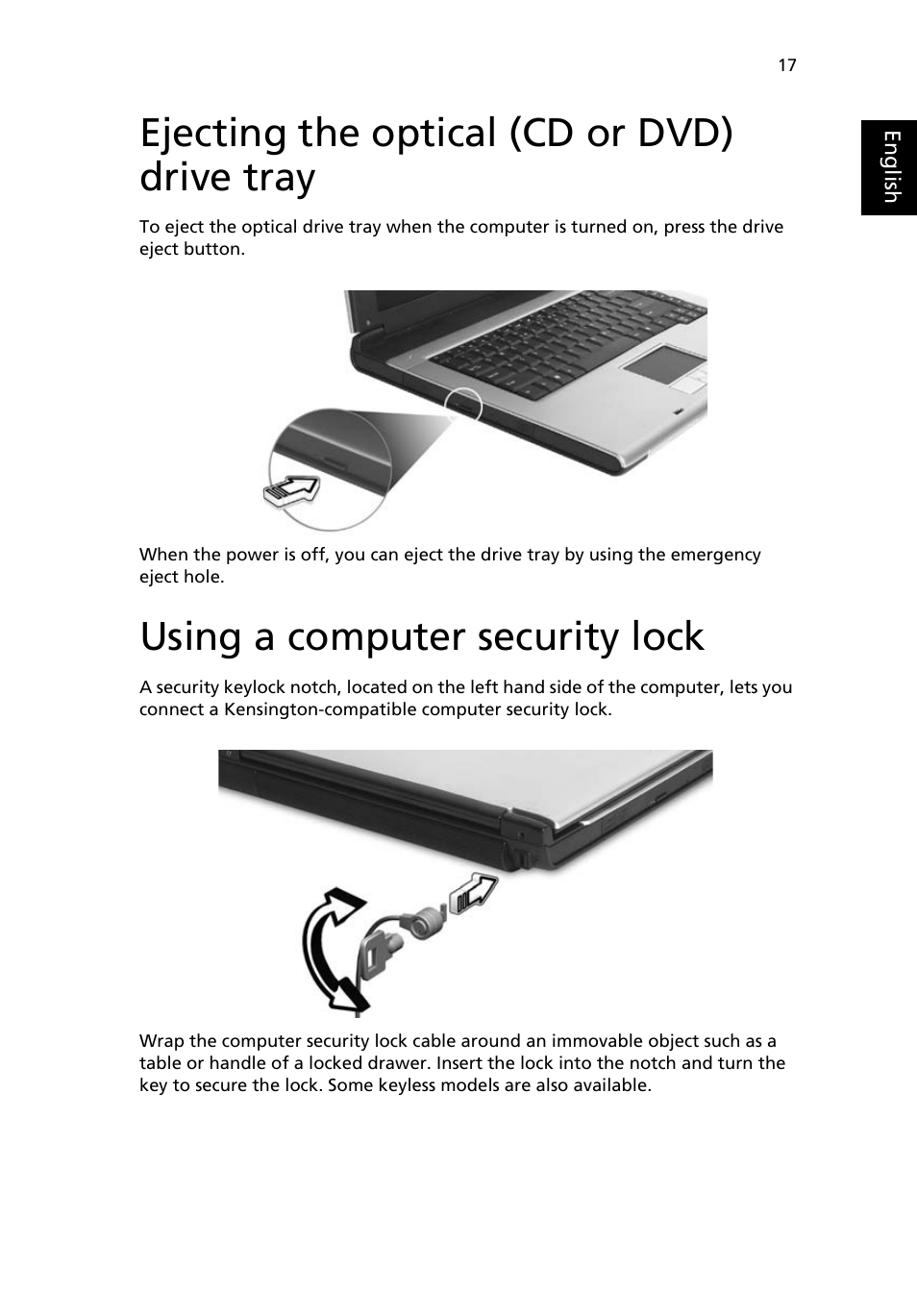 Ejecting the optical (cd or dvd) drive tray, Using a computer security lock | Acer Aspire 3000 User Manual | Page 23 / 34