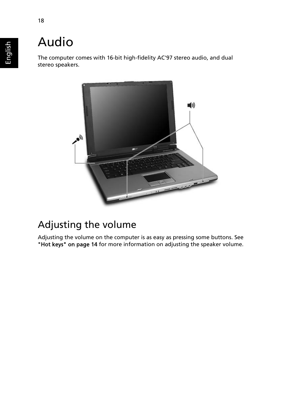 Audio, Adjusting the volume | Acer Aspire 3000 User Manual | Page 24 / 34