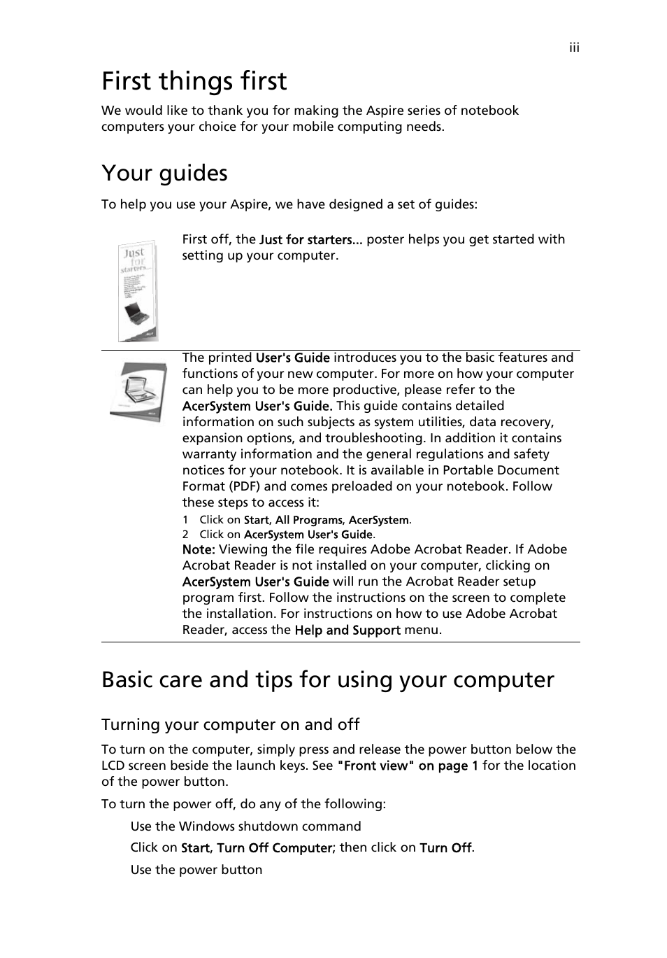 First things first, Your guides, Basic care and tips for using your computer | Acer Aspire 3000 User Manual | Page 3 / 34