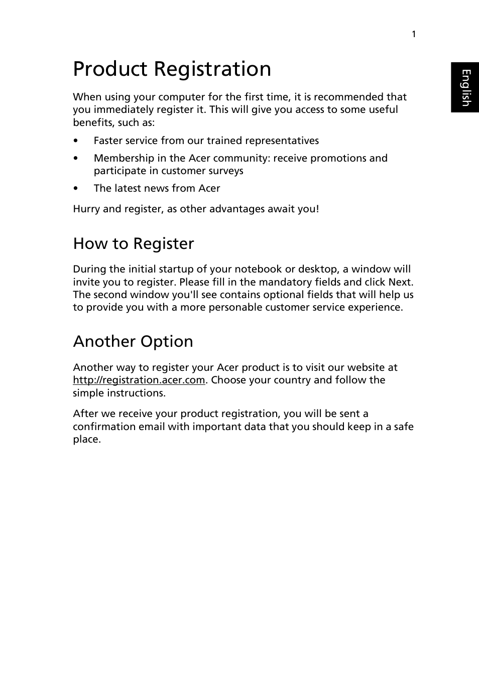 Product registration, How to register, Another option | Acer Aspire R3600 User Manual | Page 11 / 30