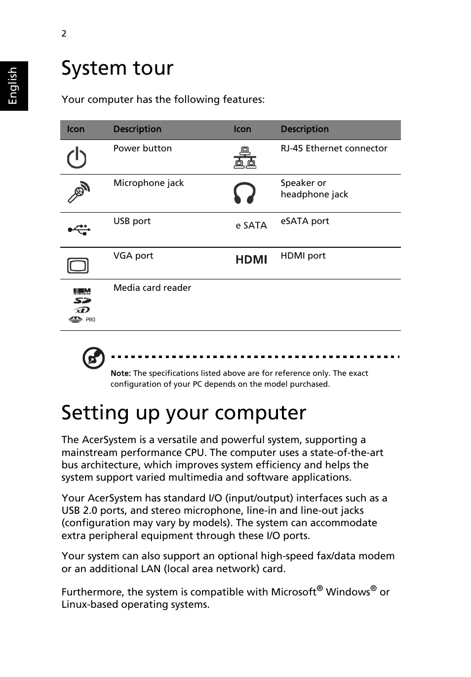 System tour, Setting up your computer | Acer Aspire R3600 User Manual | Page 12 / 30