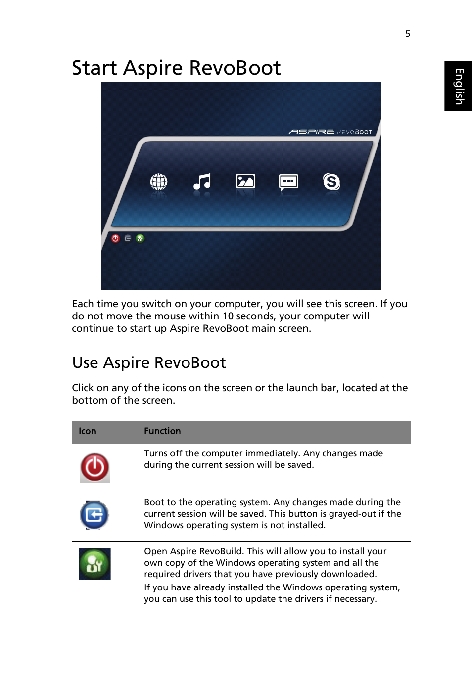 Start aspire revoboot, Use aspire revoboot | Acer Aspire R3600 User Manual | Page 15 / 30