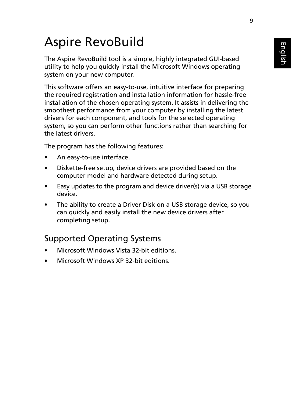 Aspire revobuild, Supported operating systems | Acer Aspire R3600 User Manual | Page 19 / 30