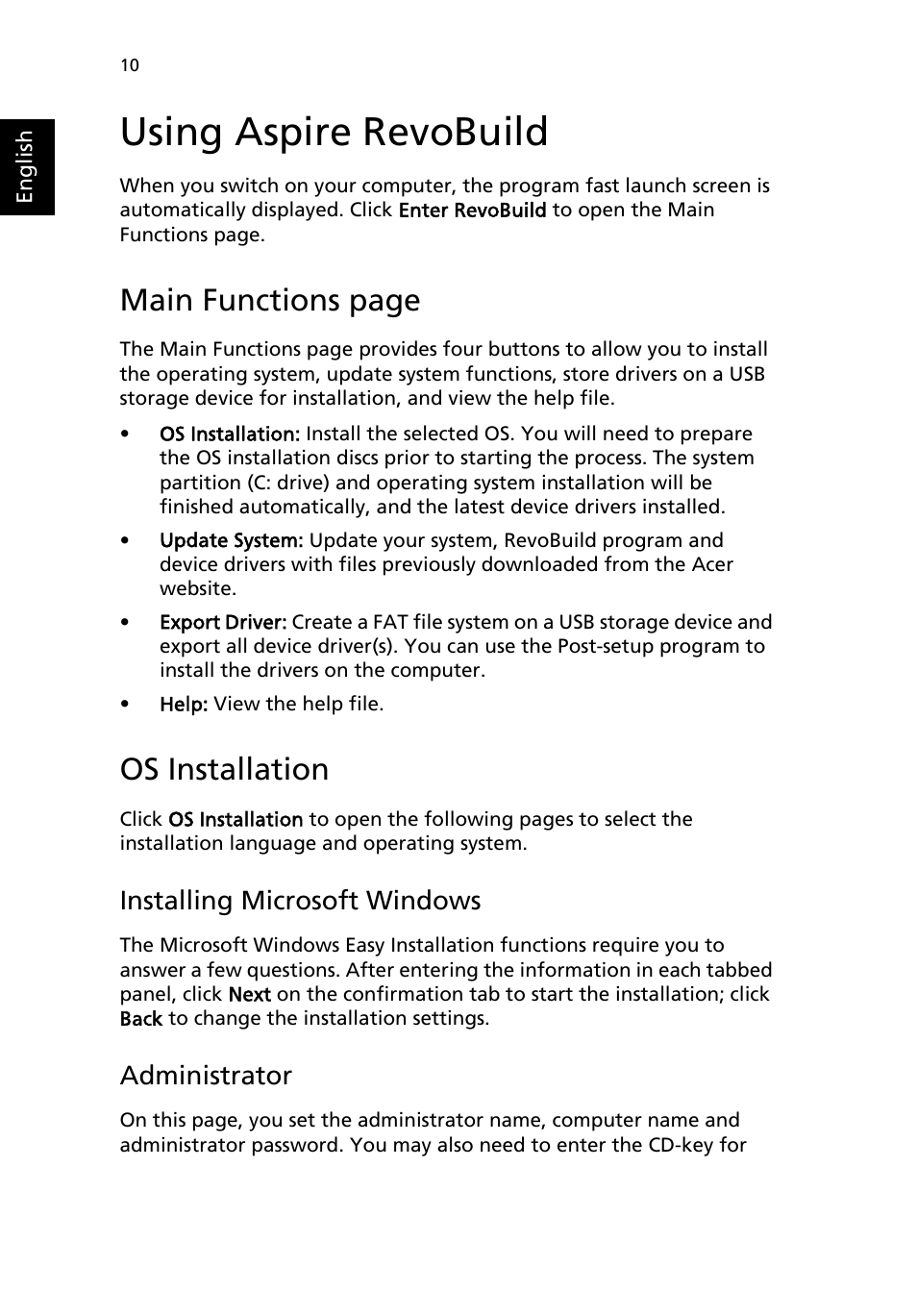 Using aspire revobuild, Os installation, Installing microsoft windows | Administrator, Main functions page | Acer Aspire R3600 User Manual | Page 20 / 30