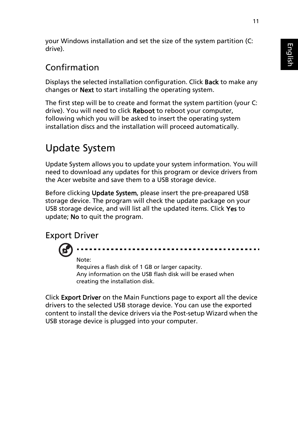 Update system, Confirmation, Export driver | Acer Aspire R3600 User Manual | Page 21 / 30