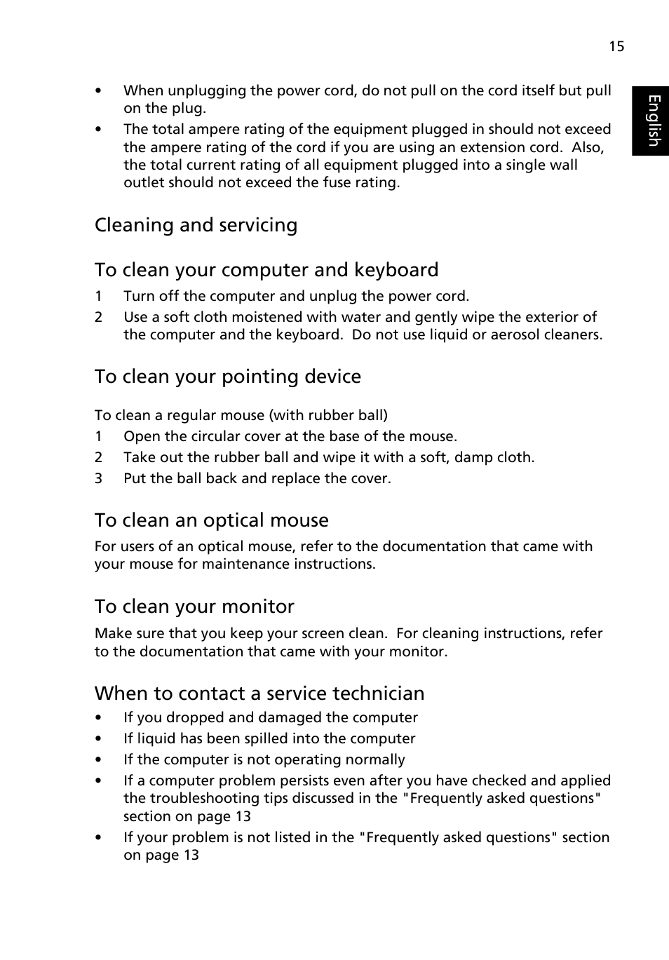 Cleaning and servicing, To clean your computer and keyboard, To clean your pointing device | To clean your monitor, When to contact a service technician | Acer Aspire R3600 User Manual | Page 25 / 30