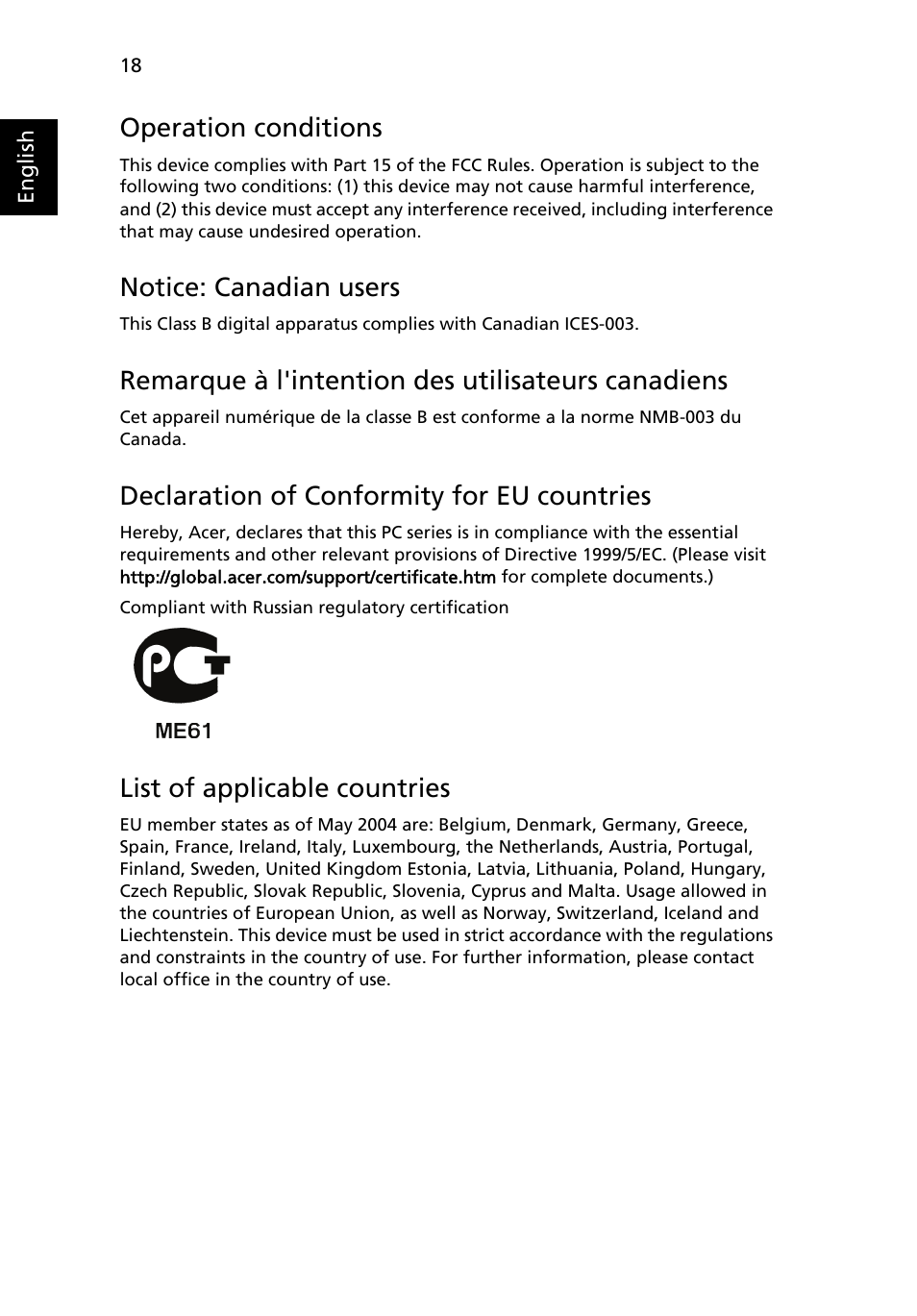 Operation conditions, Notice: canadian users, Remarque à l'intention des utilisateurs canadiens | Declaration of conformity for eu countries, List of applicable countries | Acer Aspire R3600 User Manual | Page 28 / 30