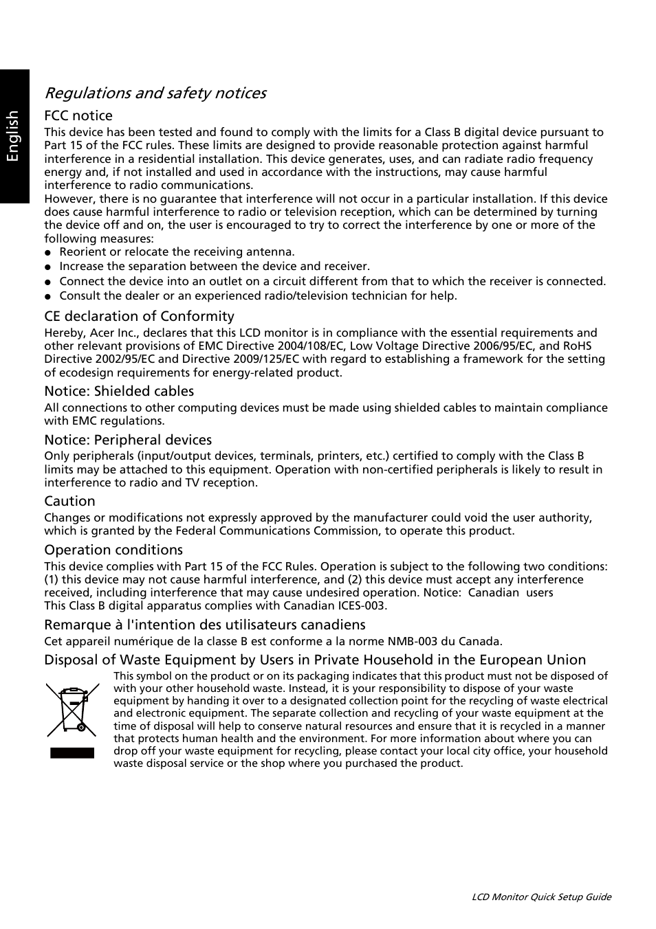 Regulations and safety notices, Eng lis h | Acer S191WL User Manual | Page 2 / 2