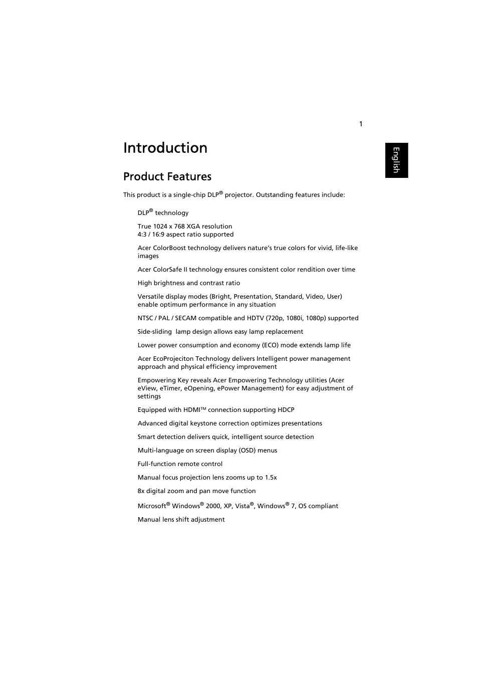 Introduction, Product features | Acer P7203B User Manual | Page 11 / 61