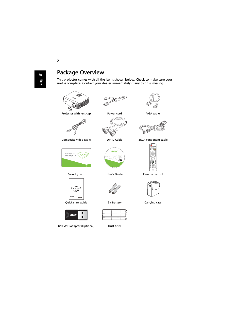 Package overview | Acer P7203B User Manual | Page 12 / 61