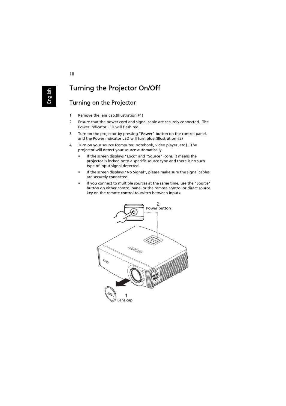 Turning the projector on/off, Turning on the projector | Acer P7203B User Manual | Page 20 / 61