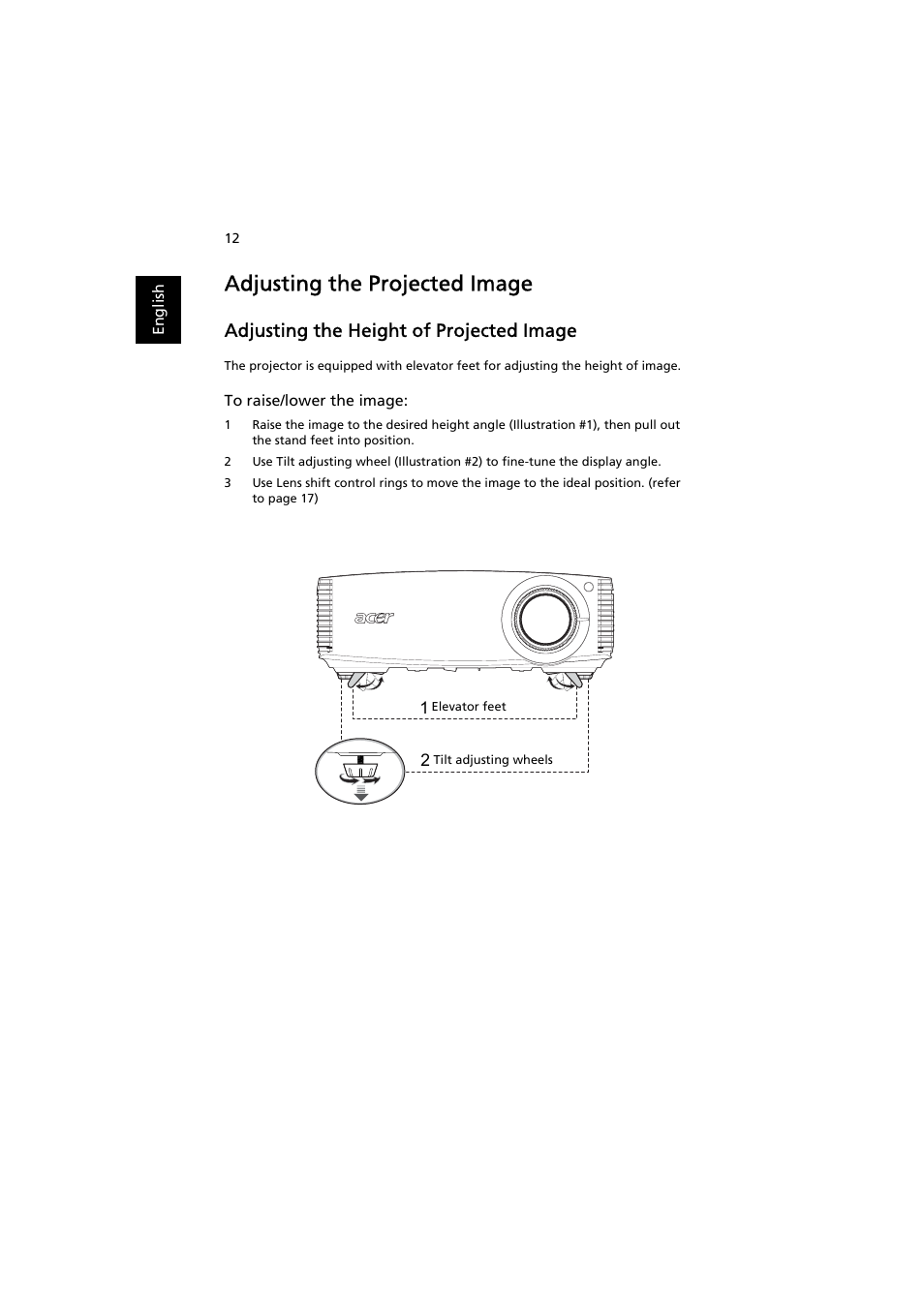 Adjusting the projected image, Adjusting the height of projected image | Acer P7203B User Manual | Page 22 / 61