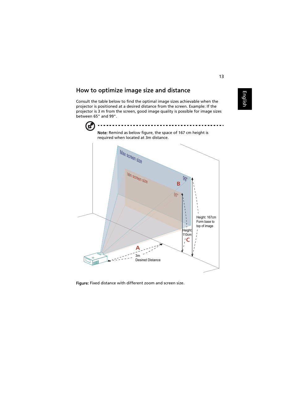 How to optimize image size and distance | Acer P7203B User Manual | Page 23 / 61