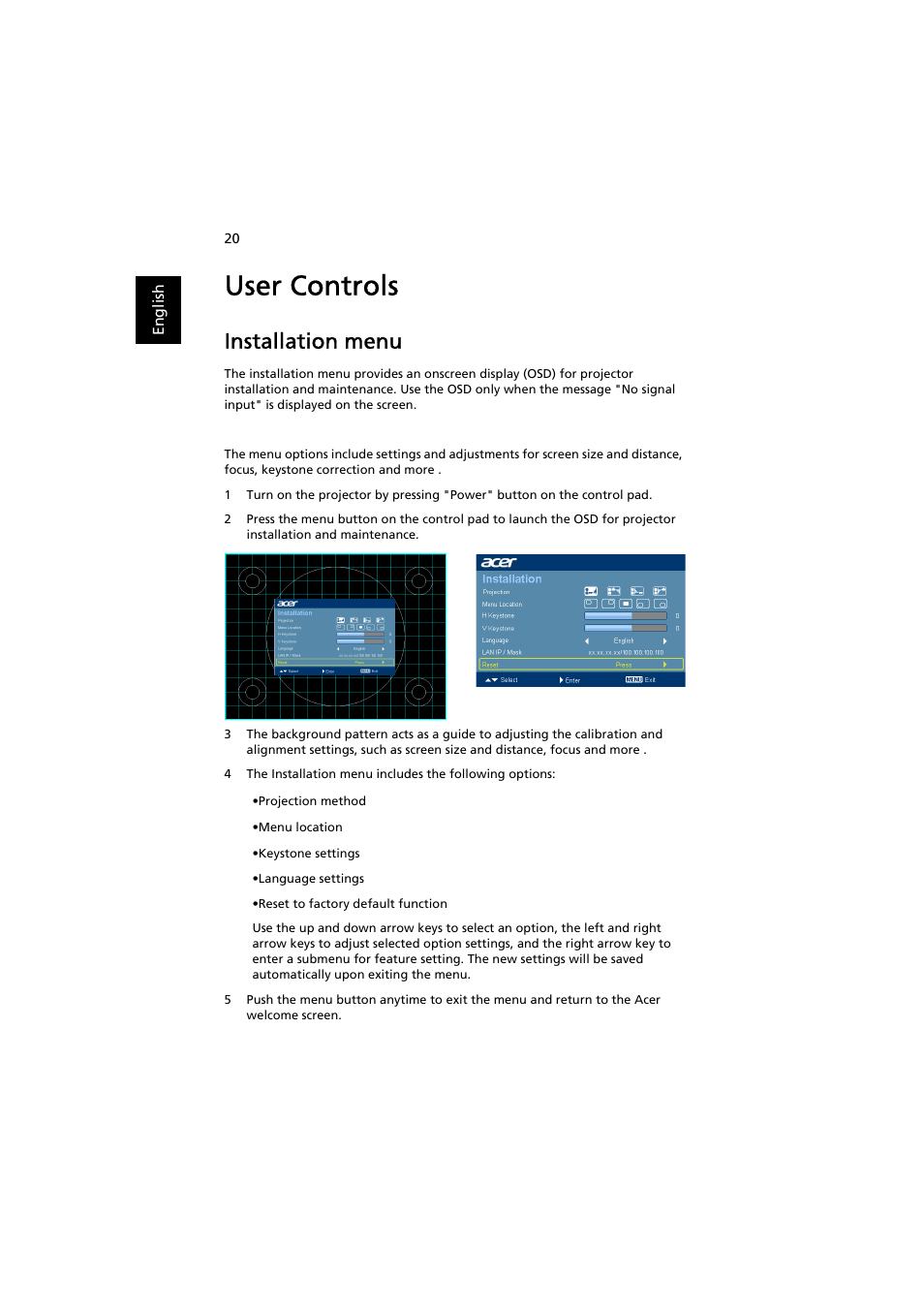 User controls, Installation menu | Acer P7203B User Manual | Page 30 / 61