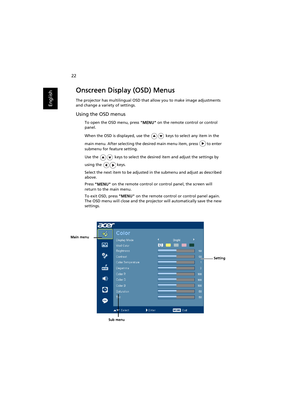 Onscreen display (osd) menus | Acer P7203B User Manual | Page 32 / 61