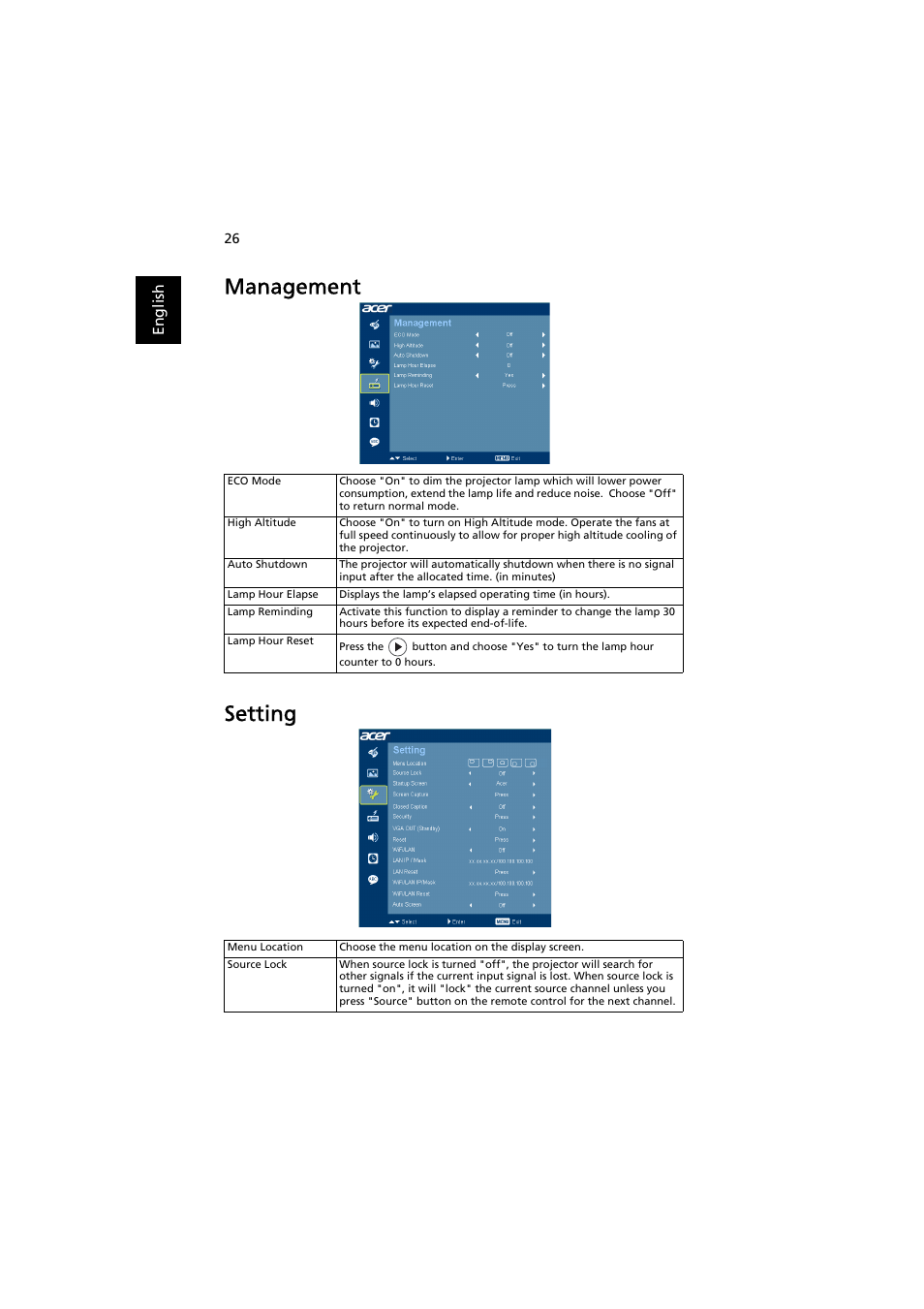 Management, Setting, Management setting | Acer P7203B User Manual | Page 36 / 61