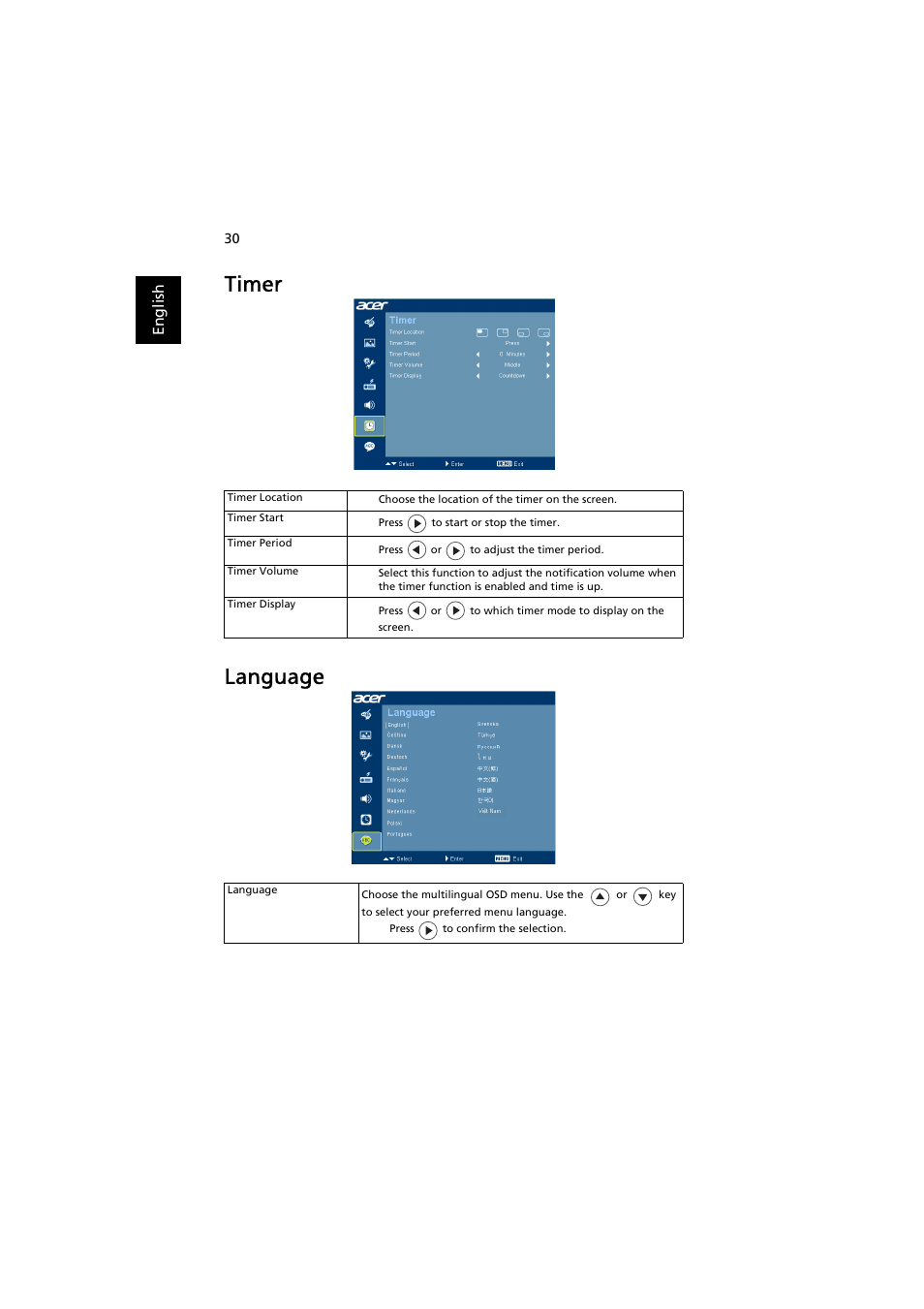 Timer, Language, Timer language | Acer P7203B User Manual | Page 40 / 61