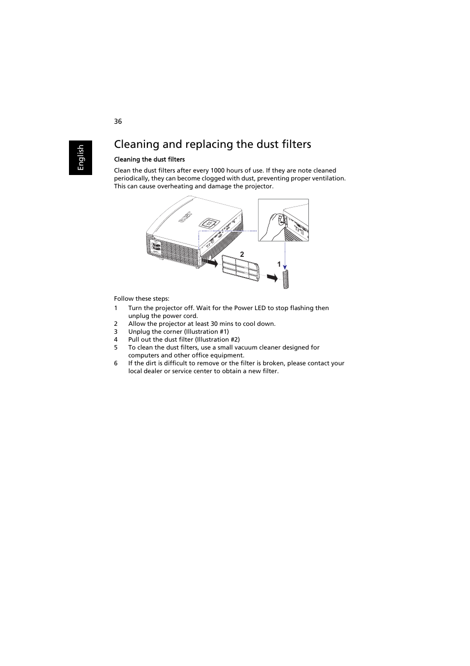 Cleaning and replacing the dust filters | Acer P7203B User Manual | Page 46 / 61