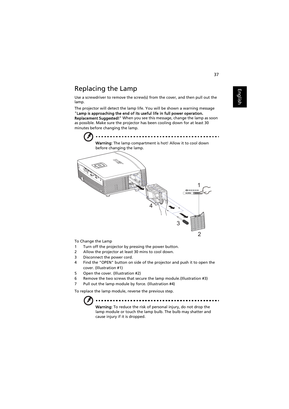 Replacing the lamp | Acer P7203B User Manual | Page 47 / 61