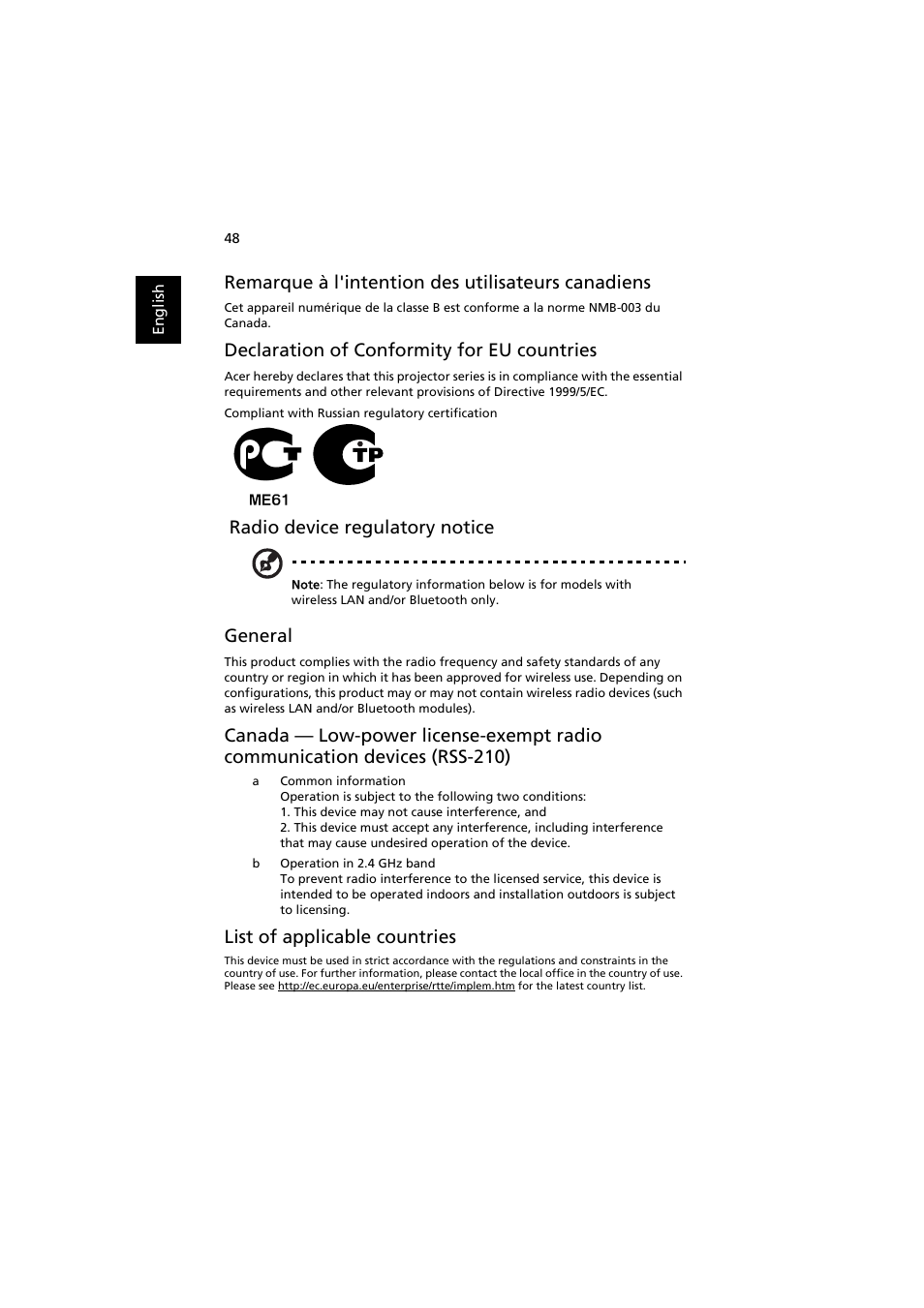 Remarque à l'intention des utilisateurs canadiens, Declaration of conformity for eu countries, Radio device regulatory notice | General, List of applicable countries | Acer P7203B User Manual | Page 58 / 61