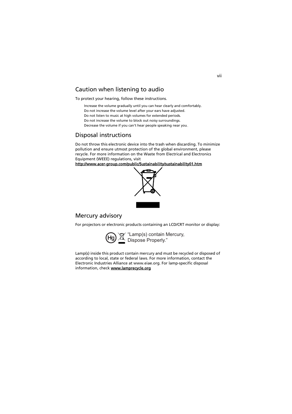 Caution when listening to audio, Disposal instructions, Mercury advisory | Acer P7203B User Manual | Page 7 / 61