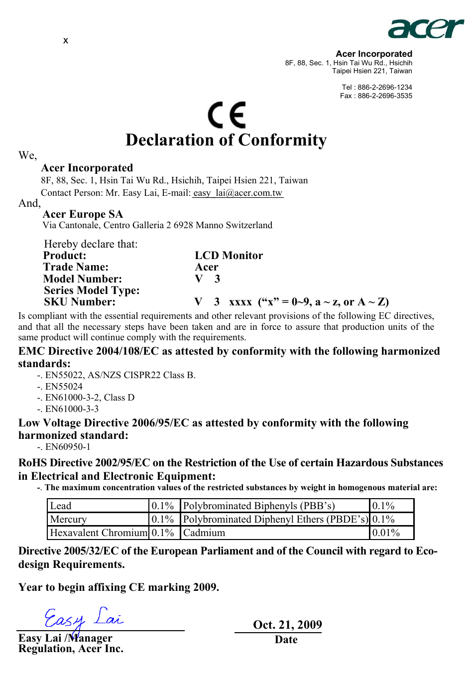 Declaration of conformity | Acer V203H User Manual | Page 10 / 28