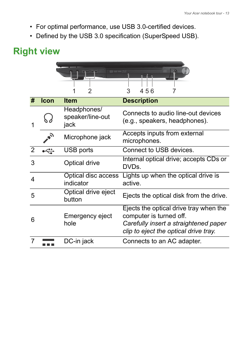 Right view | Acer Aspire E1-732G User Manual | Page 13 / 86