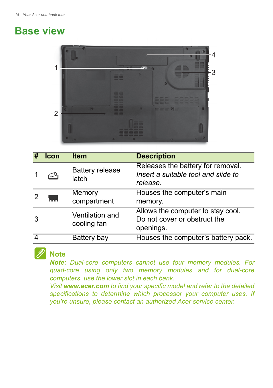 Base view | Acer Aspire E1-732G User Manual | Page 14 / 86