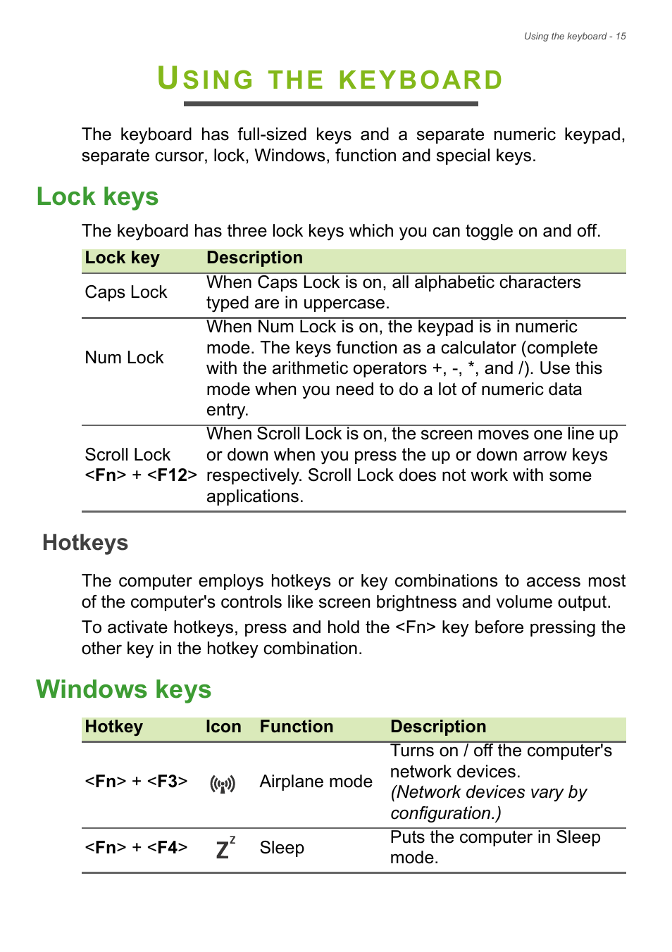 Using the keyboard, Lock keys, Hotkeys | Windows keys, Sing, Keyboard | Acer Aspire E1-732G User Manual | Page 15 / 86