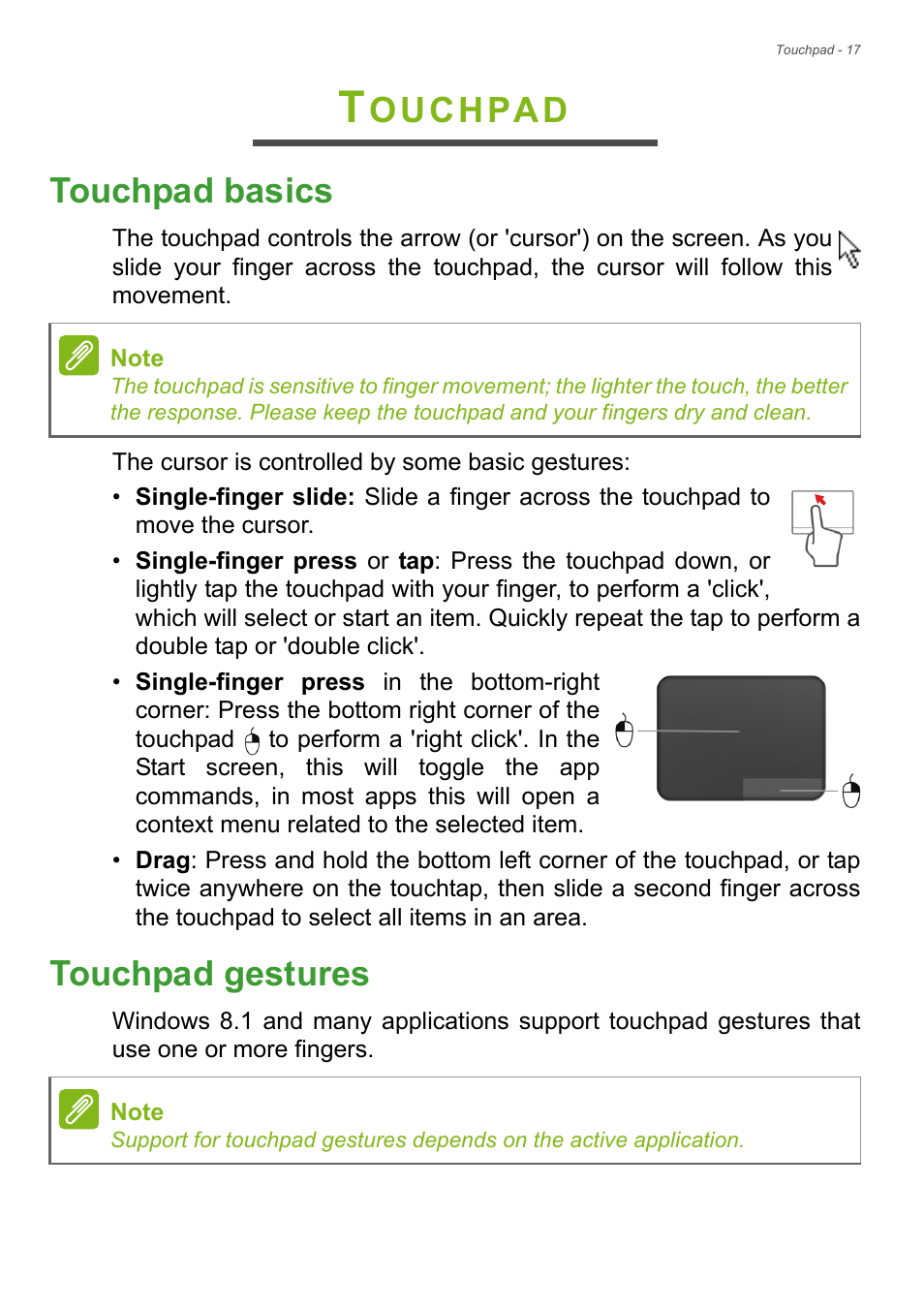 Touchpad, Touchpad basics, Touchpad gestures | Touchpad basics touchpad gestures, Ouchpad touchpad basics | Acer Aspire E1-732G User Manual | Page 17 / 86