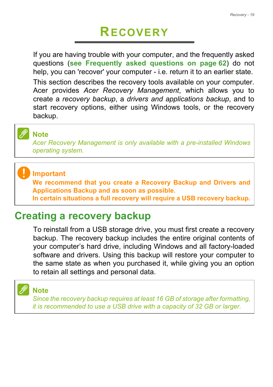 Recovery, Creating a recovery backup, Ecovery | Acer Aspire E1-732G User Manual | Page 19 / 86