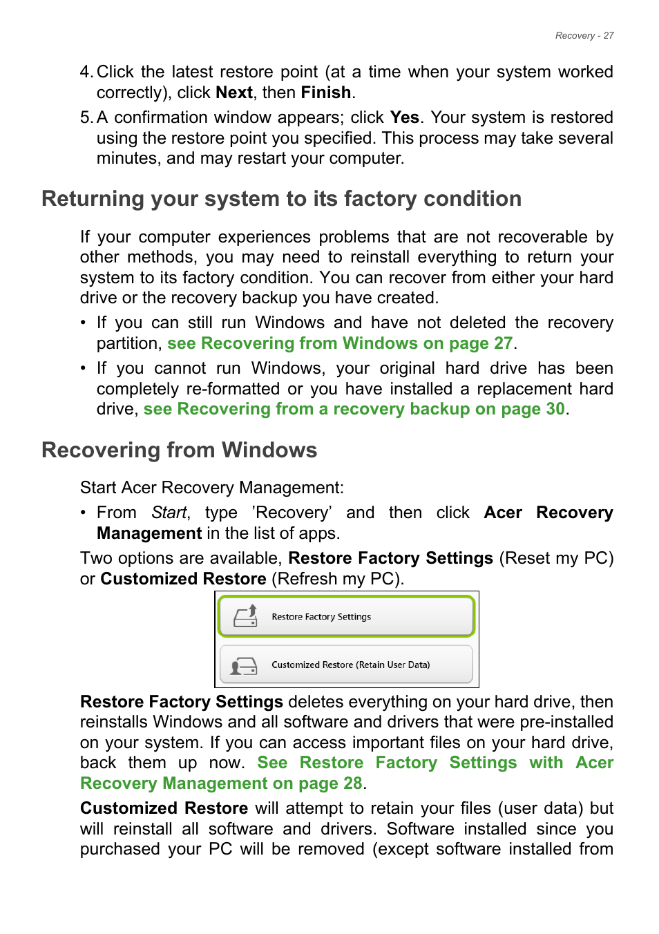 Returning your system to its factory condition, Recovering from windows, See returning your | See returning your system to its | Acer Aspire E1-732G User Manual | Page 27 / 86