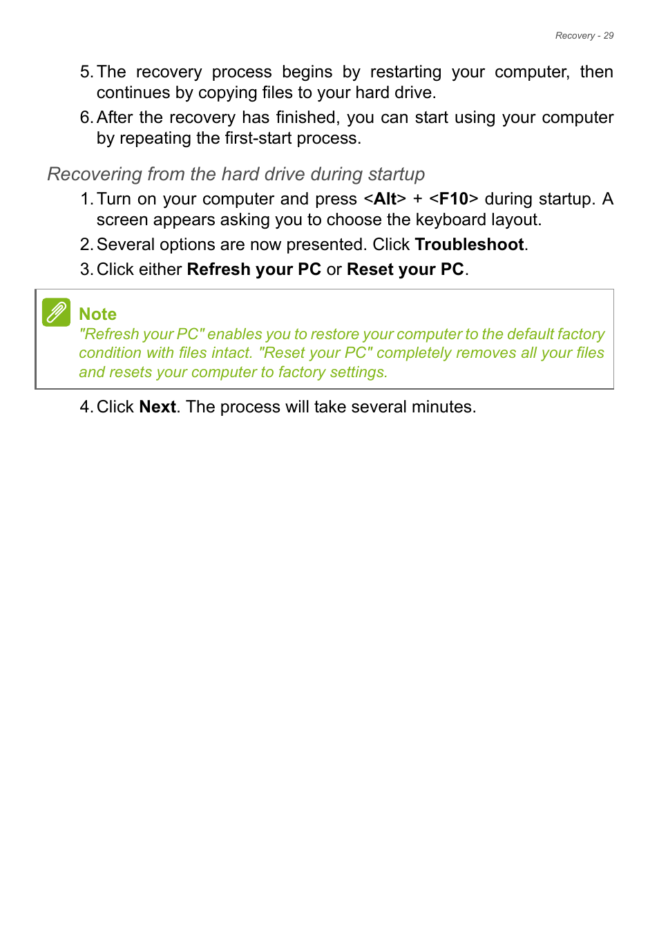 Recovering from the hard drive during startup | Acer Aspire E1-732G User Manual | Page 29 / 86