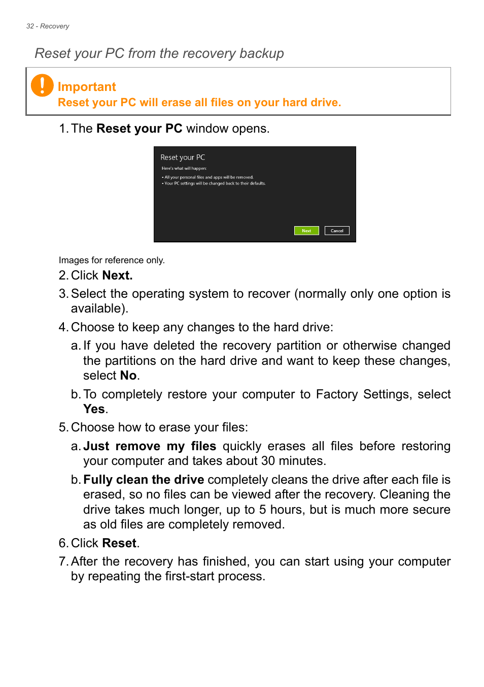 See reset your pc from the, Reset your pc from the recovery backup | Acer Aspire E1-732G User Manual | Page 32 / 86