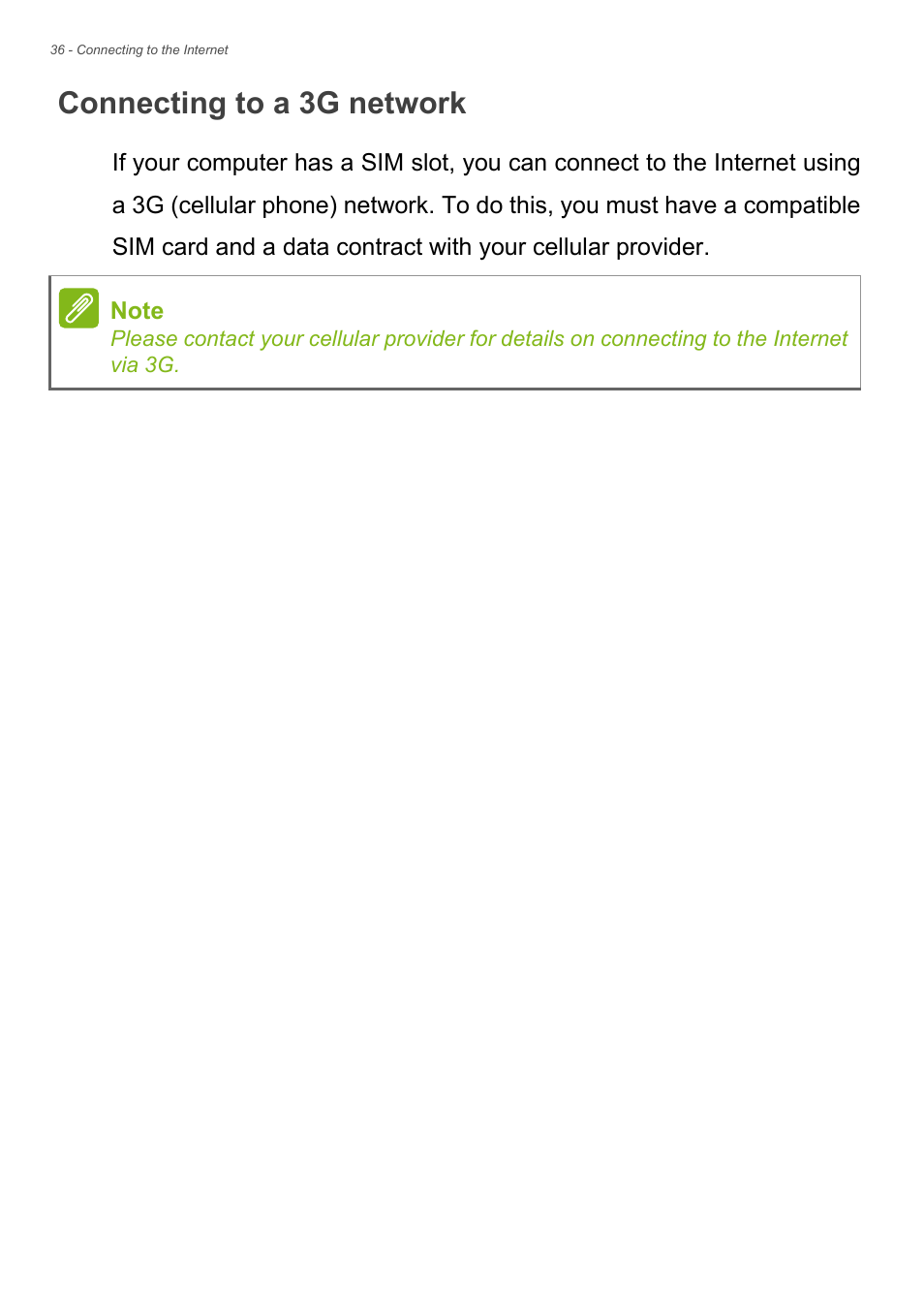 Connecting to a 3g network | Acer Aspire E1-732G User Manual | Page 36 / 86