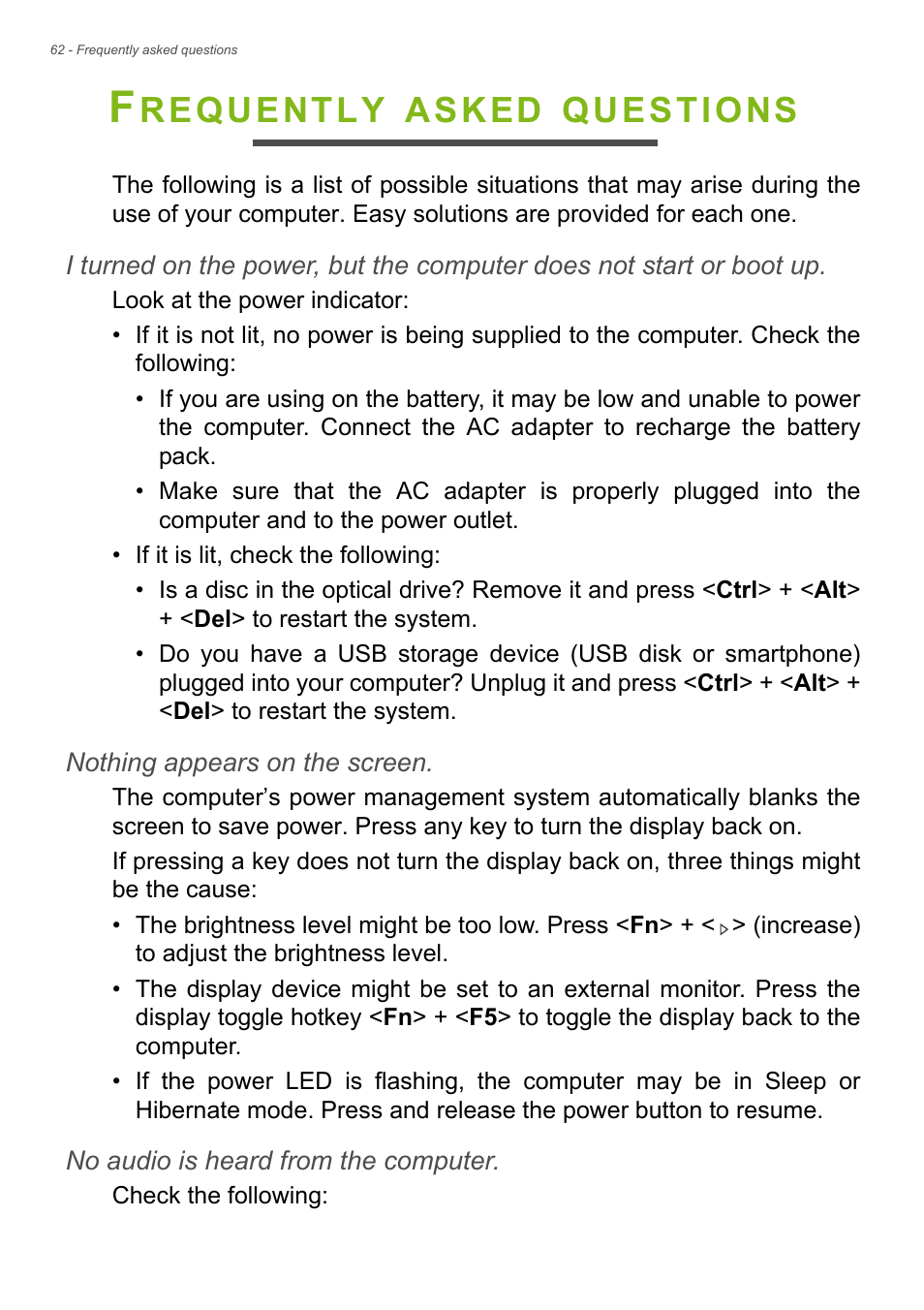 Frequently asked questions, Requently, Asked | Questions | Acer Aspire E1-732G User Manual | Page 62 / 86