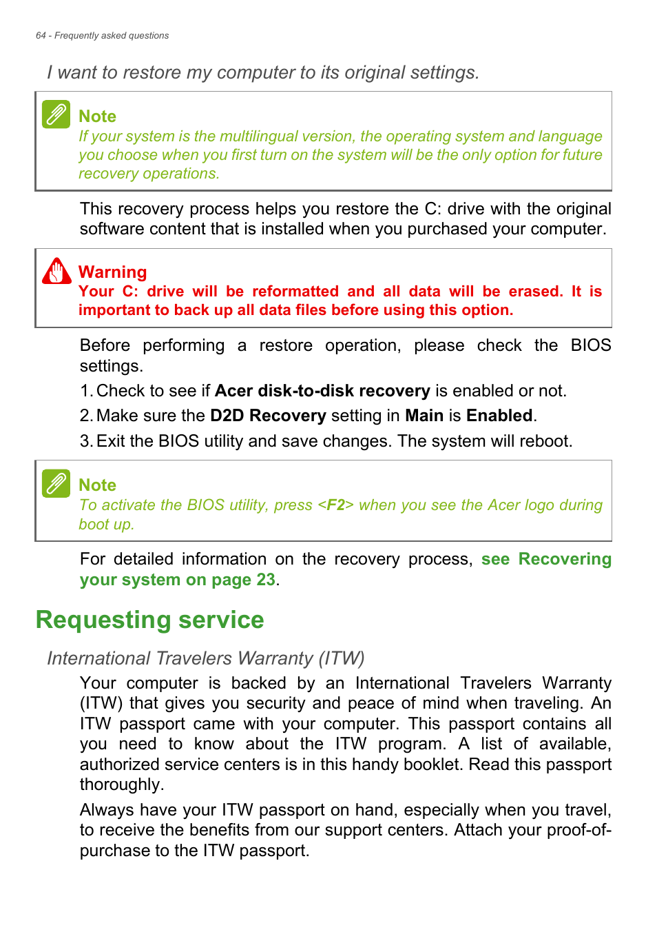 Requesting service | Acer Aspire E1-732G User Manual | Page 64 / 86