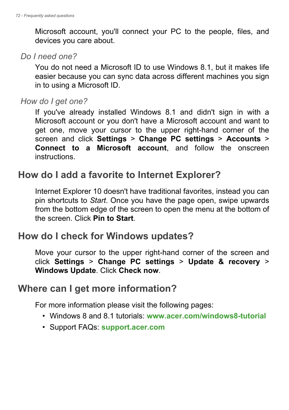 How do i add a favorite to internet explorer, How do i check for windows updates, Where can i get more information | Acer Aspire E1-732G User Manual | Page 72 / 86
