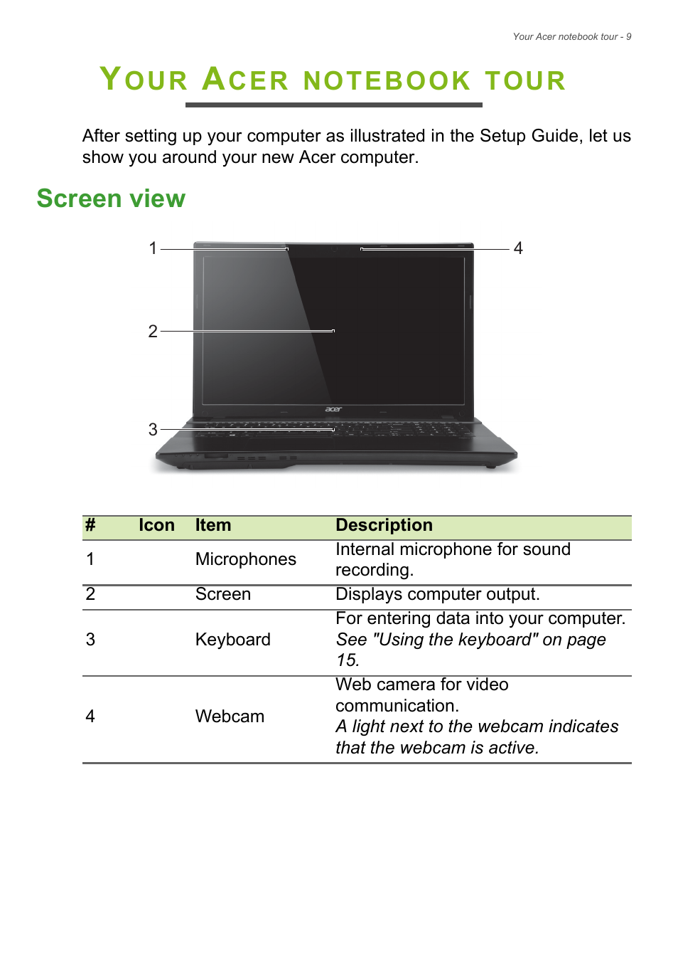 Your acer notebook tour, Screen view, Tour | Acer Aspire E1-732G User Manual | Page 9 / 86