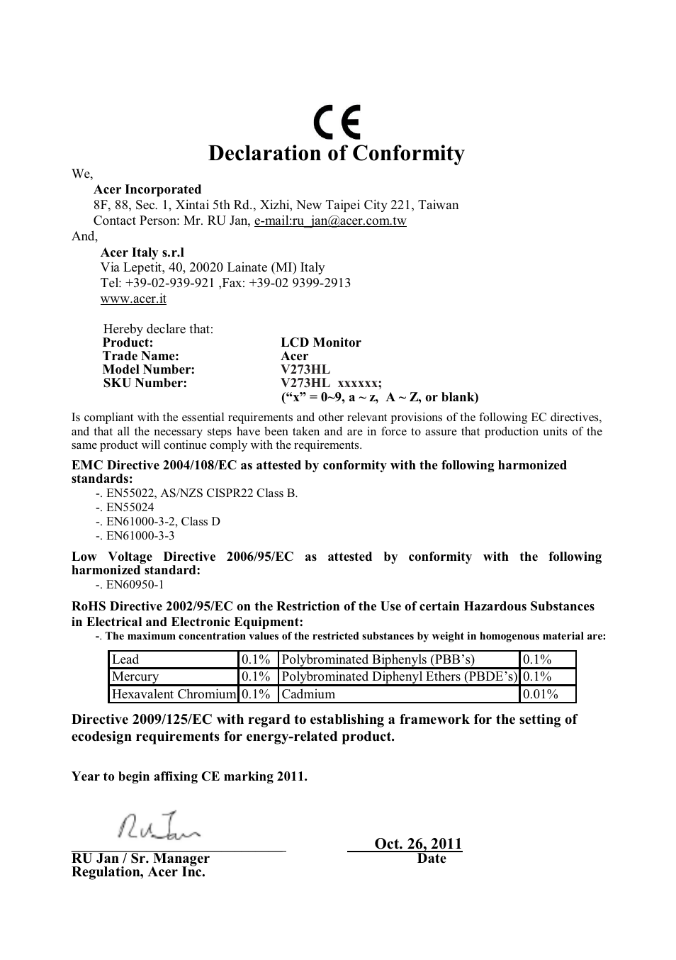Declaration of conformity | Acer V273HL User Manual | Page 21 / 22