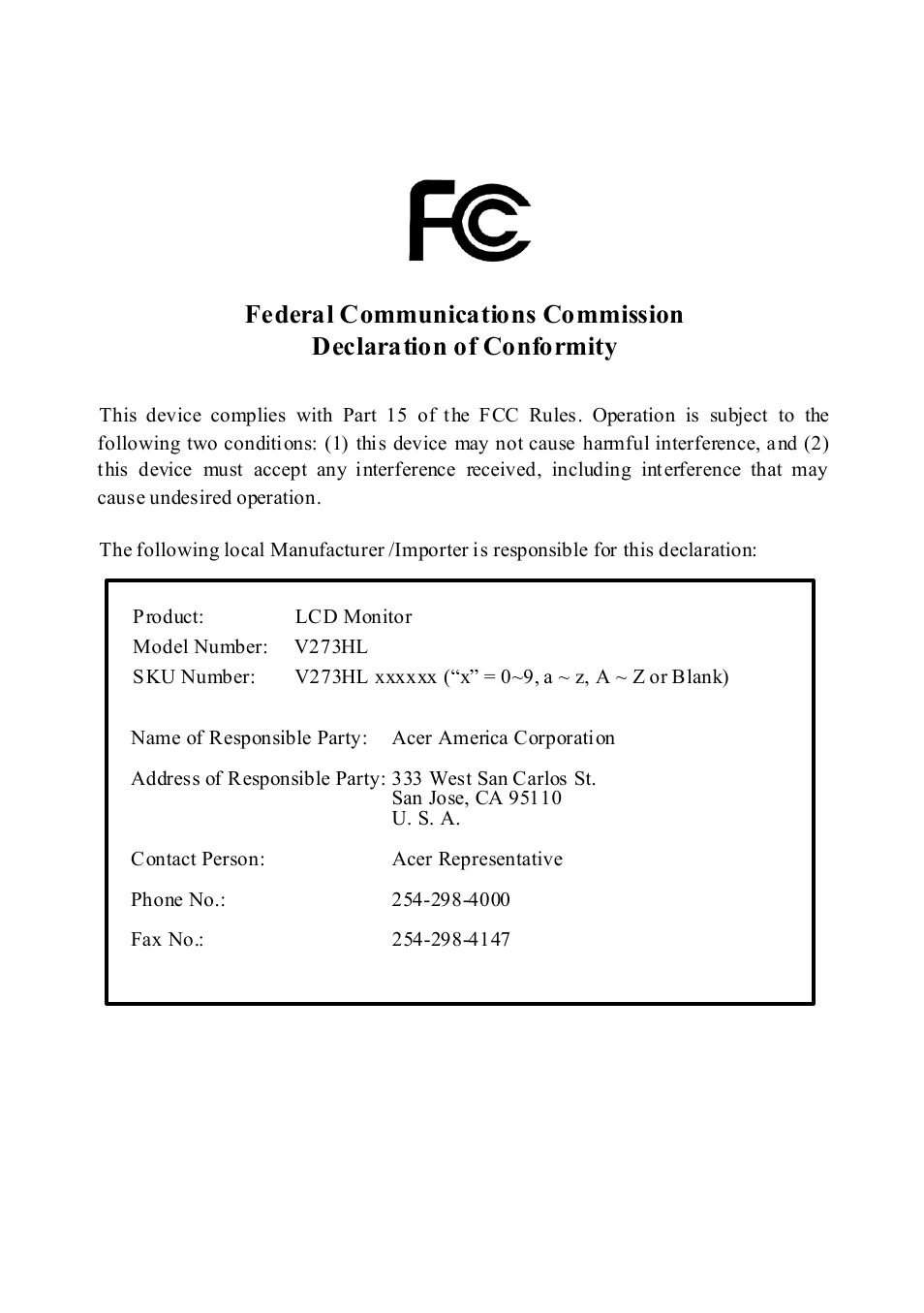 Acer V273HL User Manual | Page 22 / 22