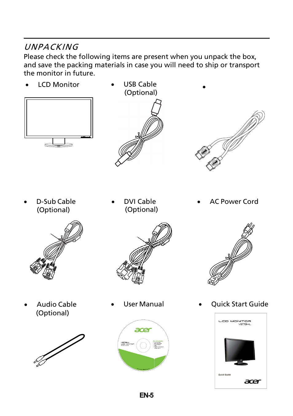 Unpacking | Acer V273HL User Manual | Page 6 / 22