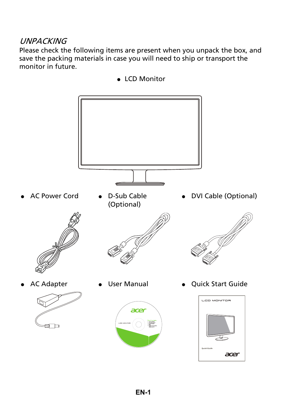 Unpacking, En-1, Lcd monitor | Ac power cord, D-sub cable (optional), Dvi cable (optional), Ac adapter, User manual, Quick start guide | Acer S271HL User Manual | Page 10 / 27