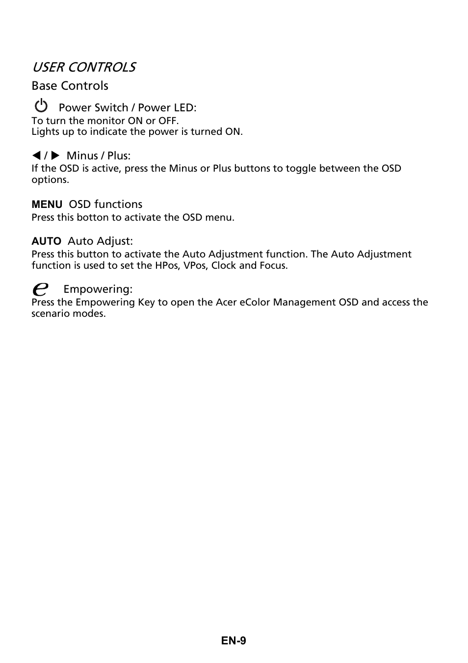 User controls | Acer S271HL User Manual | Page 18 / 27