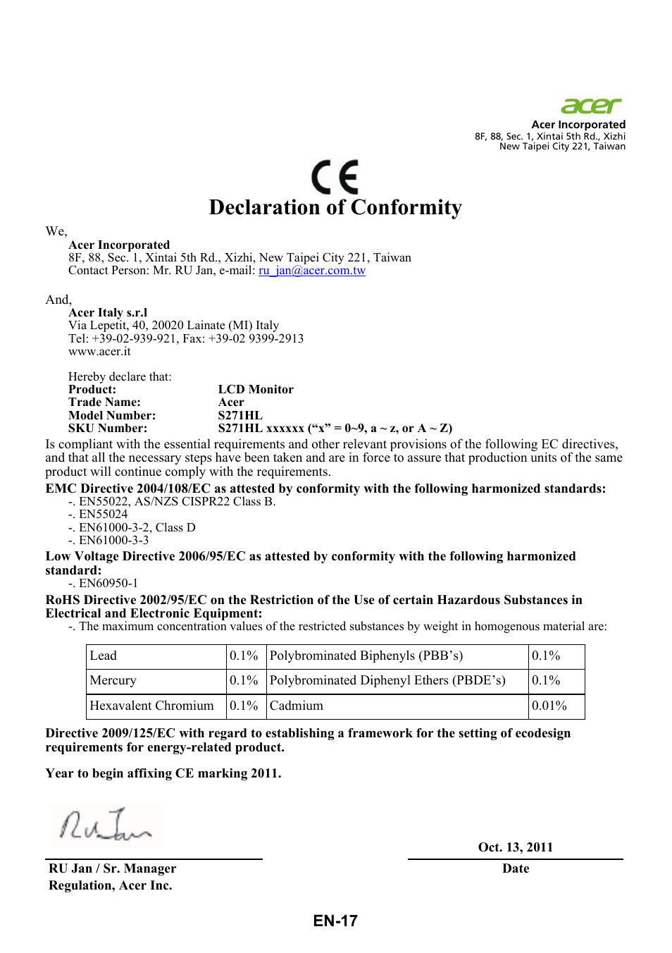 Declaration of conformity, En-17 | Acer S271HL User Manual | Page 26 / 27